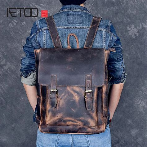 Aetoo Brand Designer Men Genuine Leather Backpack Crazy Horse Vintage