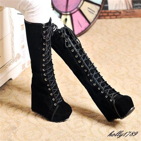 Womens Punk Winter Goth Roman Knee High Boots Lace Up Super Platform