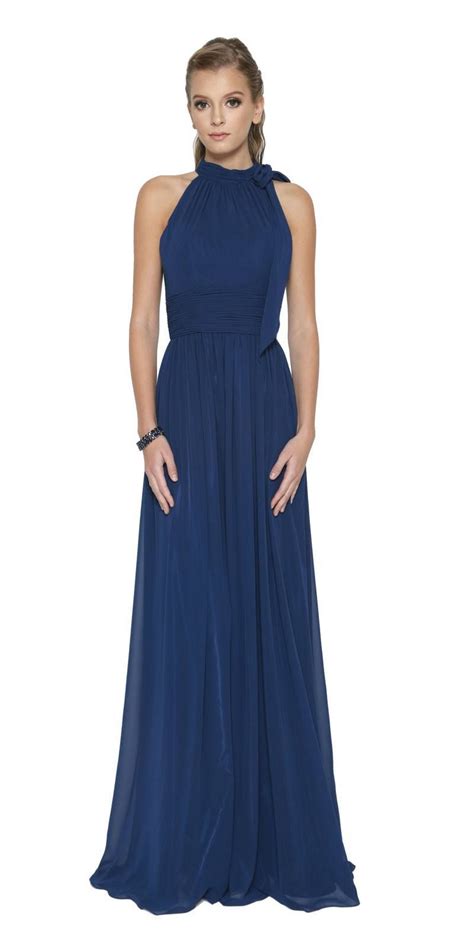 Navy Blue Sleeveless Long Formal Dress With Halter High Neckline