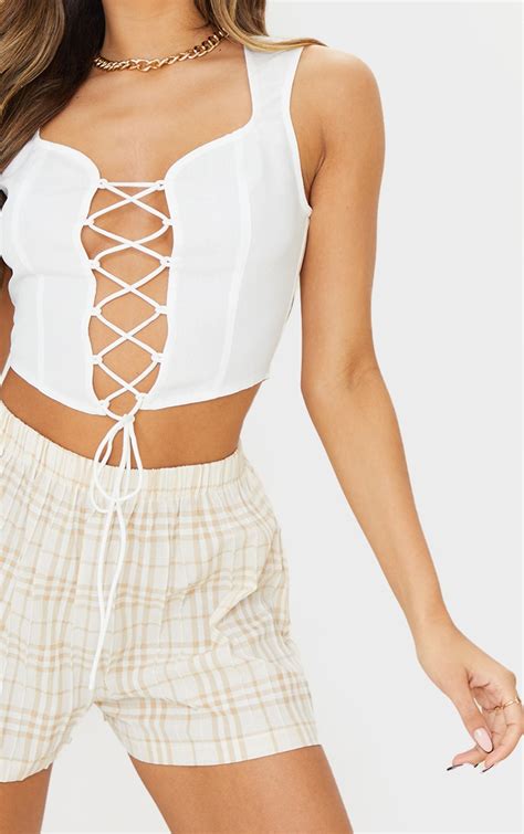 White Sweetheart Neck Lace Up Crop Top Tops Prettylittlething