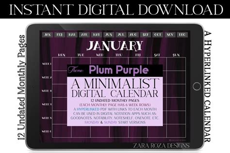 Plum Purple Monthly Digital Calendar Goodnotes Notability