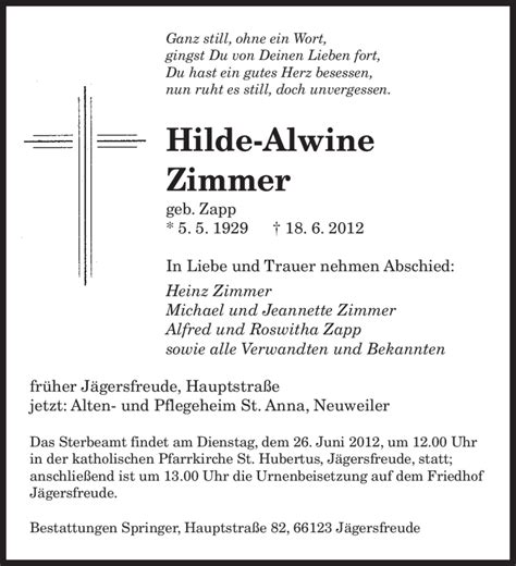 Traueranzeigen Von Hilde Alwine Zimmer Saarbruecker Zeitung Trauer De