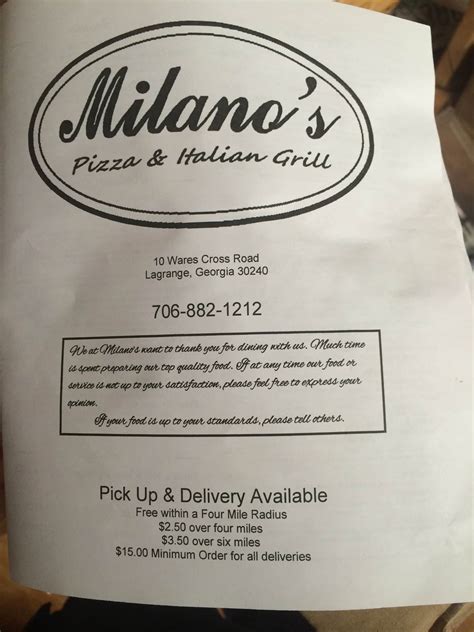 Menu At Milano S Pizza Pizzeria LaGrange