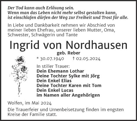 Traueranzeigen Von Ingrid Von Nordhausen Abschied Nehmen De