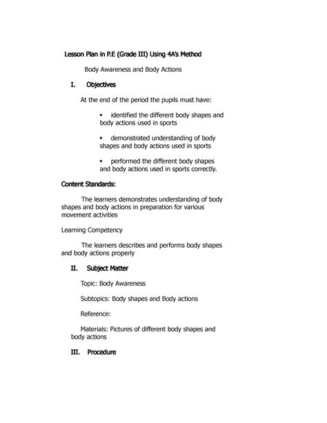 4as Lesson Plan Example Lesson Plan In P Grade Iii Using 4 As Method Body Awareness And