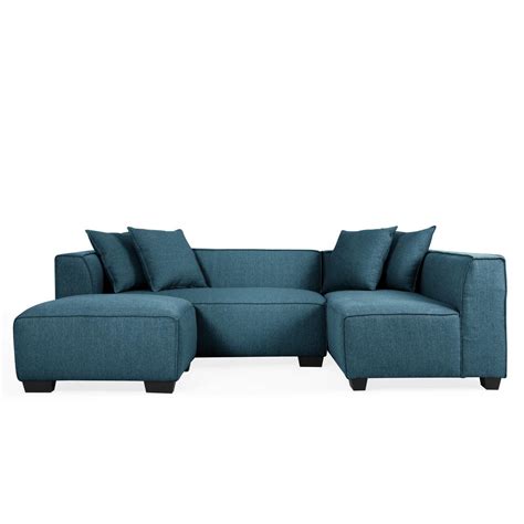 Handy Living Phoenix Caribbean Blue Linen Sectional Sofa with Ottoman ...