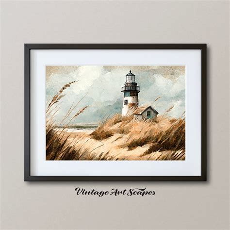 Vintage Lighthouse Painting Autumn Beach Rustic Ocean Etsy