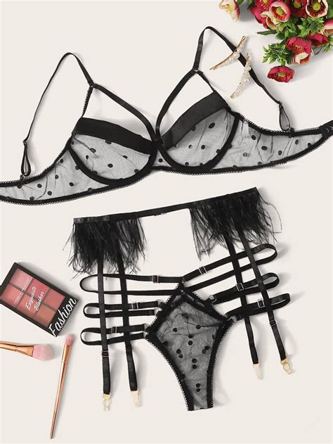 Polka Dot Underwire Lingerie Set With Garter Shein Pop Fashion