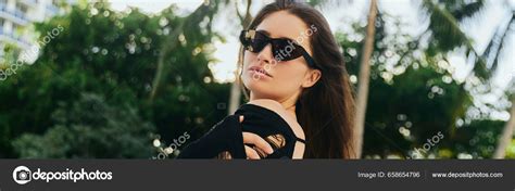 Summer Getaway Sexy Brunette Woman Tanned Skin Tourist Black Knitted Stock Photo