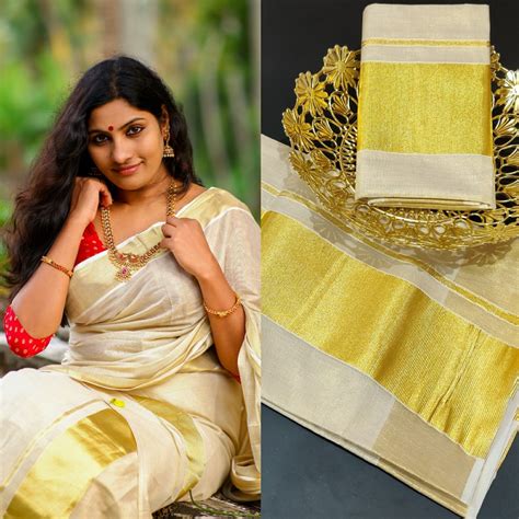 Golden Tissue Set Mundu 4 Inch Golden Border With Blouse Material Kerala Traditional Handmade