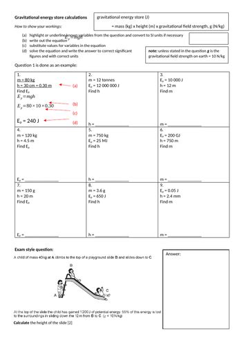 Gravitational Potential Energy Equation Practice Teaching Resources