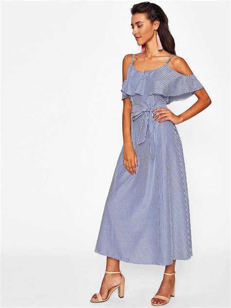 Flounce Layered Vertical Striped Dress With Belt Shein Sheinside