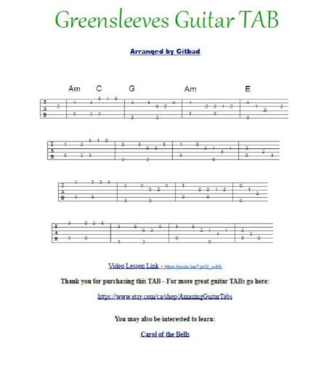 Greensleeves Guitar TAB Is A Single Page Printable PDF File Containing