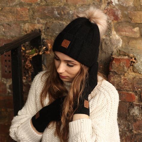 Cashmere And Wool Faux Fur Pom Pom Beanie Knit Hat Cozy And Etsy Uk