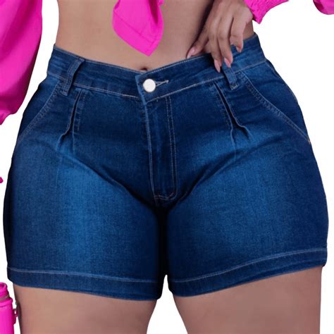 Short Jeans Feminino Plus Size Lycra Cintura Alta Levanta Bumbum