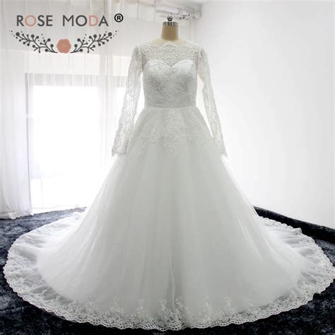 Rose Moda High Neck Long Sleeves Lace Wedding Dress Pearl Beaded