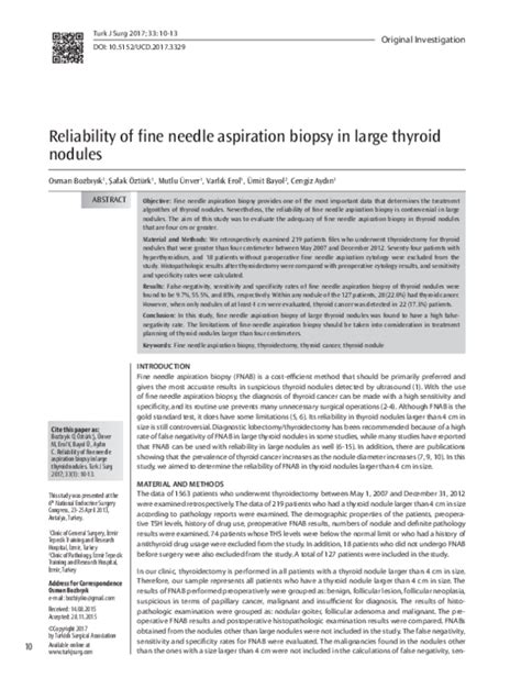 Pdf Reliability Of Fine Needle Aspiration Biopsy In Large Thyroid Nodules Ümit Bayol