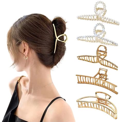 Pack Of 5 Large Hair Clips For Women Non Slip Gold Metal Flexible