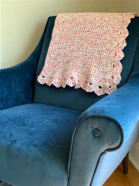 Handmade Crochet Ruffled Baby Blanket Multi Color Green Pink White Girl