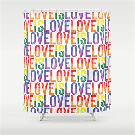 A Shower Curtain With The Words Love In Multicolored Letters On It And