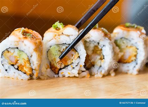 Sushi With Chopsticks Stock Photo Image Of Japanese 66757136