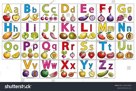 English Illustrated Alphabet Fruits Vegetables Set Stock Vector