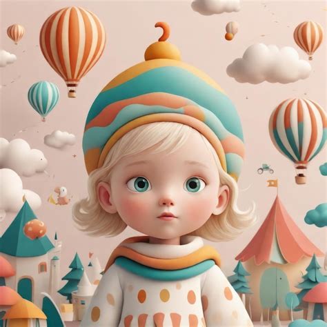 Niña linda con un juguete y un globo en el bosque ilustración 3D niña