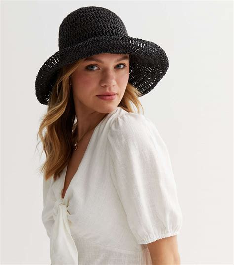 Black Straw Effect Crochet Bucket Hat New Look