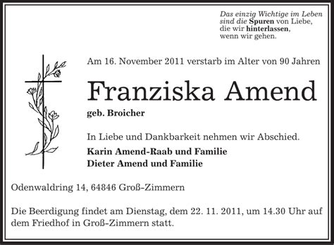 Traueranzeigen Von Franziska Amend Trauer Op Online De