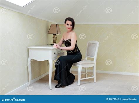 Stylish Brunette In Black Stock Photo Image Of Brunette 94678542