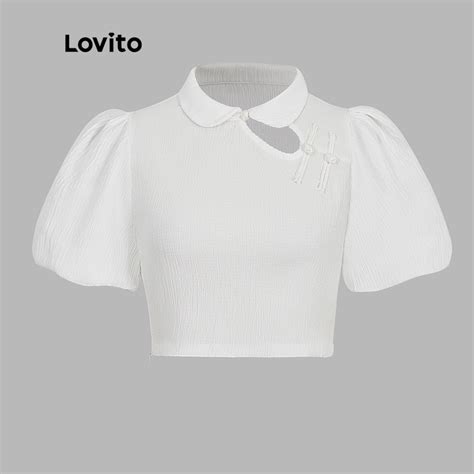 Lovito Casual Plain Asymmetrical Cheongsam Button Puff Sleeve T Shirt