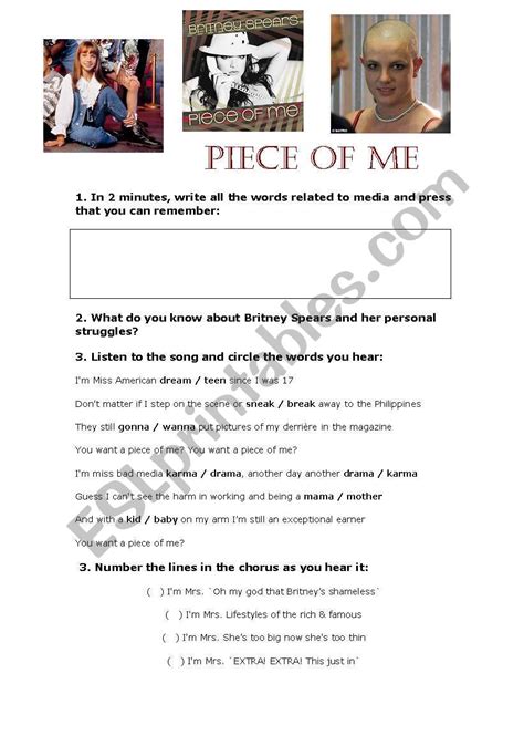 English Worksheets Piece Of Me Britney Spears