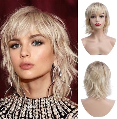 Amazon RicHyun Womens Short Blonde Wig Short Ash Blonde Bob Wavy Wig With Bangs Synthetic