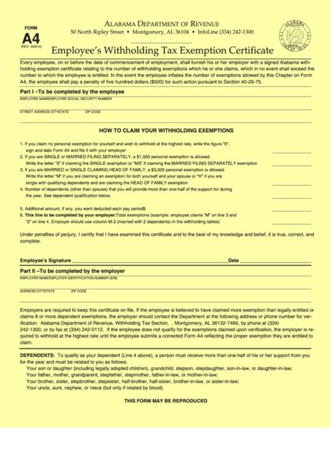 Fillable Form A4 Alabama Employees Withholding Tax Exemption Certificate Template Yellow