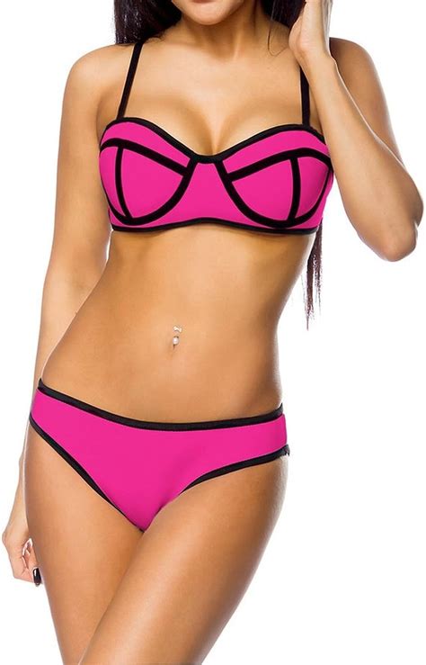 Damen Neopren Bikini Schwarz Pink Gemustert Mit Träger Oberteil Und