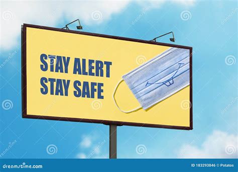 Stay Alert Stay Safe Warning Sign With Smiling Face Mask On Blue Sky