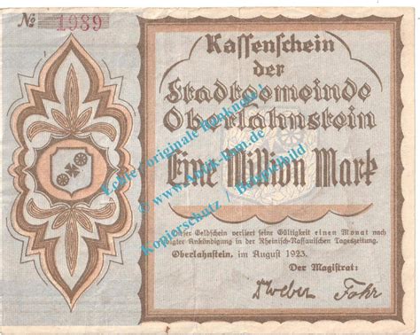 Inflation De Mio Mk Oberlahnstein Notgeld Million Mark Schein In