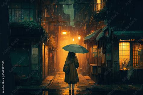 Obraz Woman Holding Umbrella Standing Alone In Abandoned City On A