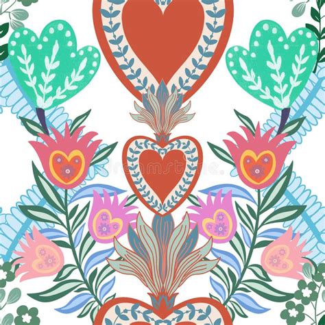 Valentine Heart Botanical Seamless Pattern Inspired By Traditional Folk