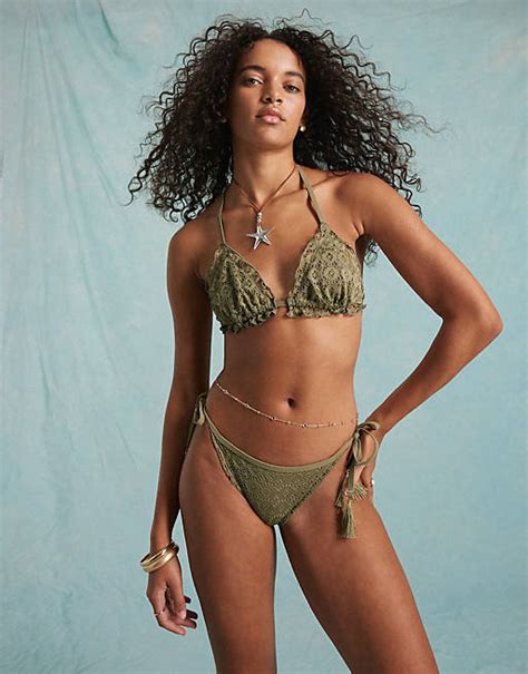 Miss Selfridge Broderie Frill Bikini In Khaki Asos