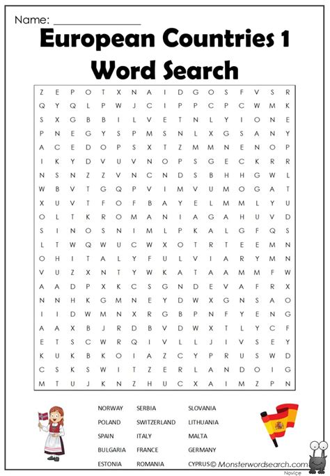 European Countries Word Search Monster Word Search