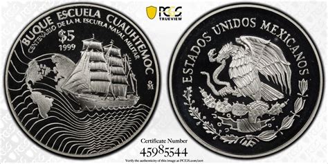 Pesos Mexico Silver Proof Coin Year Km Ship Cuauhtemoc Pcgs