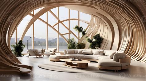 The interior design of the modern living room with abstract wooden arched ceiling and wall with ...