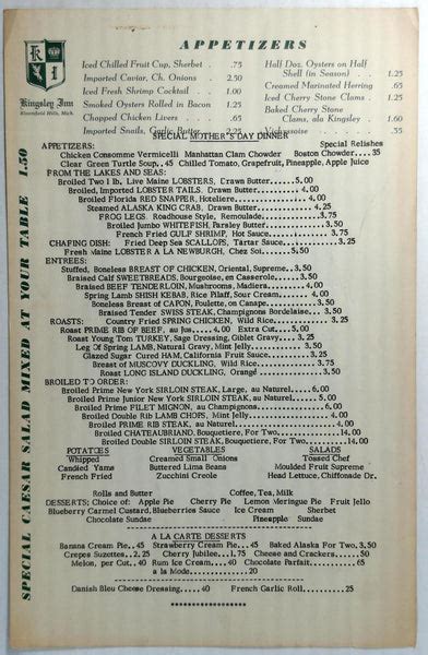 1964 Original Mothers Day Menu KINGSLEY INN Restaurant Bloomfield Hill ...