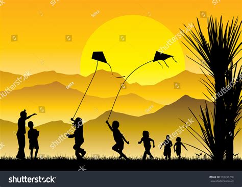 Children Flying Kites Silhouette Sunset Stock Vector 118936738 - Shutterstock