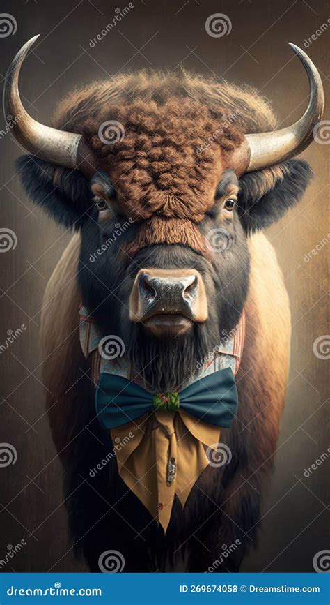 Realistic Portrait Illustration Art Showcasing Cute Bison Wearing Bow