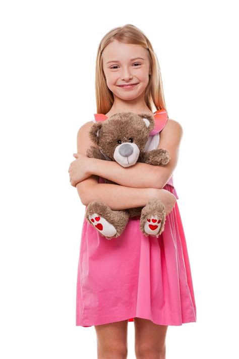 Little Girl With Teddy Bear Cheerful Little Girl In Pink Dress Holding