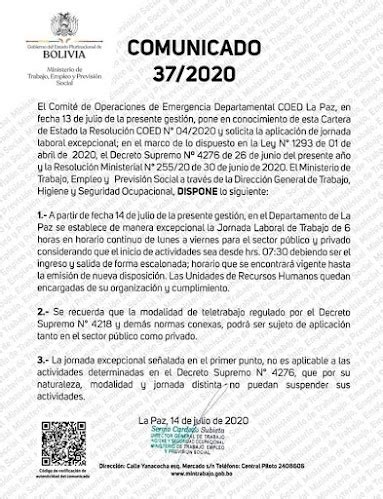 La Paz Vuelve A Las Horas Laborales Desde El 14 De Julio Hasta Nuevo