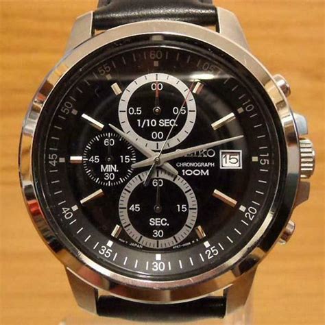 Mens Leather Seiko Black And Silver Accents 100m Chronograph Date Watch Sks445p2 Watchcharts