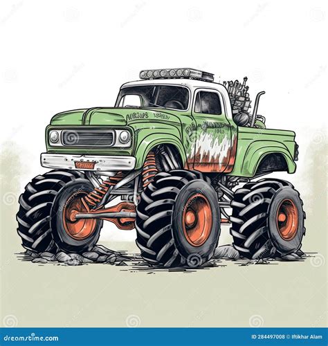 Vintage Illustration Of A Green Monster Truck Side View Stock